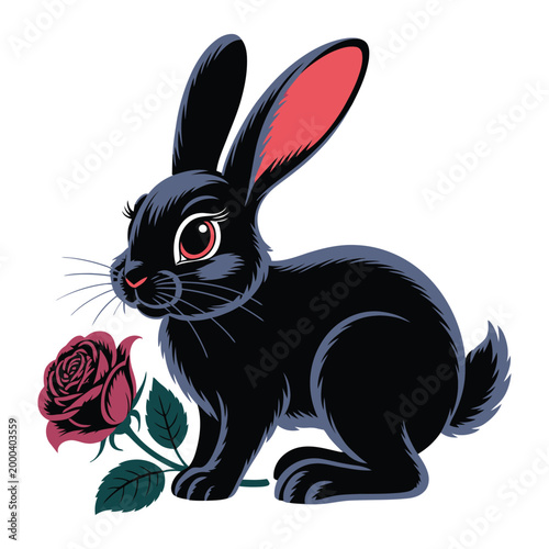black rabbit with red eyes and rose vector illustration