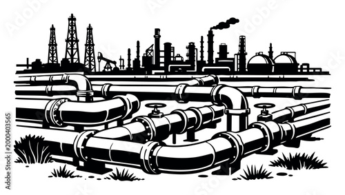 Pipes and valves forming a network in the foreground with an industrial power plant and oil refinery silhouette in the background