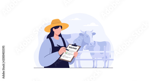 Farmer woman with clipboard checking cow on farm, agricultural concept
