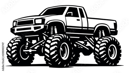 Monster truck illustration featuring big wheels, powerful suspension, and a bold off-road design, showcasing extreme performance