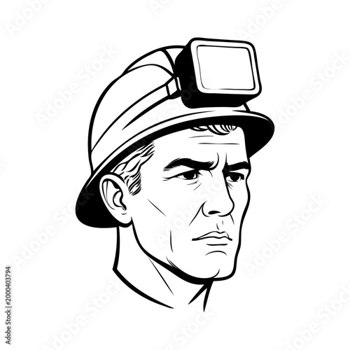 Logotipo con dibujo minimalista con líneas de la cara de un minero con casco con linterna frontal	
