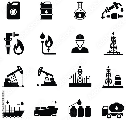 Oil and gas icon set vector graphic featuring energy sector symbols such as offshore platforms, fuel drops, valves, and refinery equipment, professional editable illustration pack for petrochemical