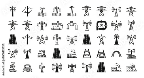 Collection of Hand Drawn Electrical Transmission Towers and Antennas.