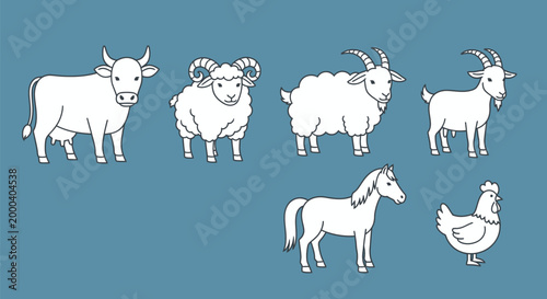 Farm animals standing on blue background cow goat sheep horse chicken