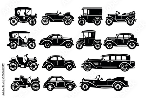Silhouettes of vintage cars showcase the progression of transportation history and early automotive styling