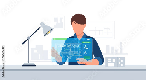 Architectural design with accessibility features on futuristic holographic interface