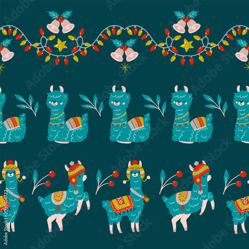 Christmas Alpacas and Decoration Lights Vector Seamless Horizontal Borders Set