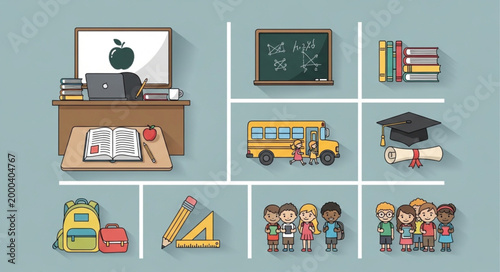 School supplies and classroom elements arranged in a grid.