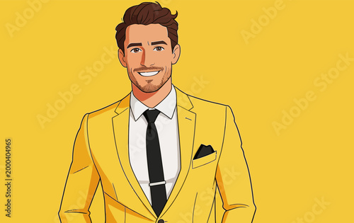 Stylish Illustrated Man in Bright Yellow Suit Smiling at Camera