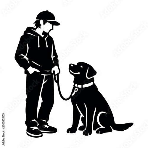 Young person with a dog, illustrating friendship, obedience, and walking a pet. Vector illustration on white background