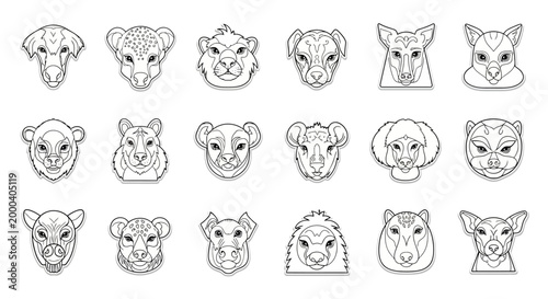 Detailed line drawings of 18 different animal faces in three rows on white background
