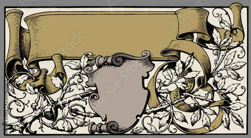 Vintage Ornamental Cartouche with Scroll Banner and Heraldic Shield (Escutcheon) Engraving Frame