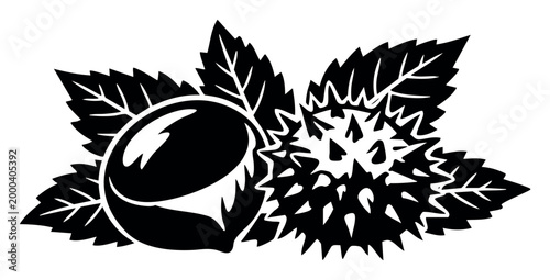 Chestnut nut with its spiky shell and leaves in a black and white silhouette, illustrating autumn, nature, and harvest