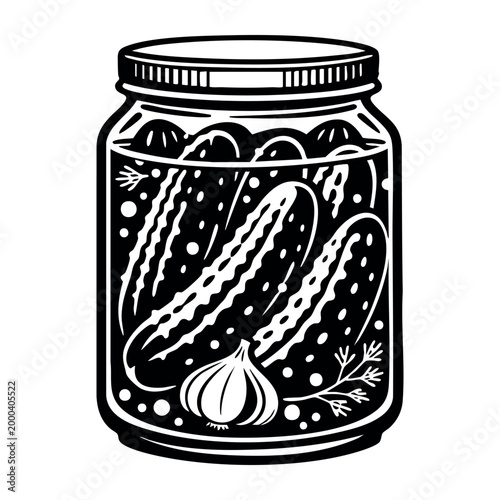 Mason jar filled with pickled cucumbers, garlic clove, and dill sprigs, preserving food in an etched style