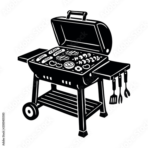 Barbecue grill preparing food items like sausages, patties, and chopped produce, symbolizing outdoor cooking and summer gatherings