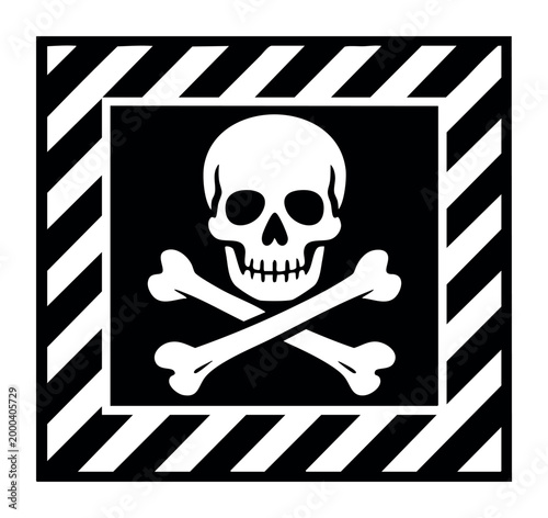 Skull and crossbones warning sign on a black background with a striped diagonal border, symbolizing danger, death, and toxicity