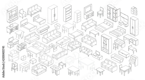 Isometric furniture set collection of line art home interior elements in isometric view outline icons for living room, bedroom, kitchen, office, and dining room design