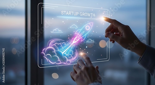 A person's hands interact with a futuristic holographic display showing a neon rocket launching, symbolizing startup growth and innovation.
