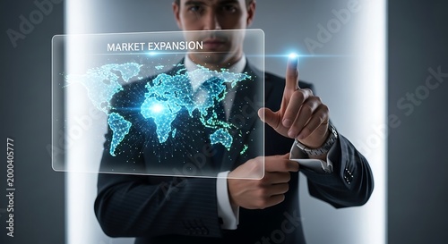 Businessman interacting with a futuristic holographic display showing a world map with market expansion data.