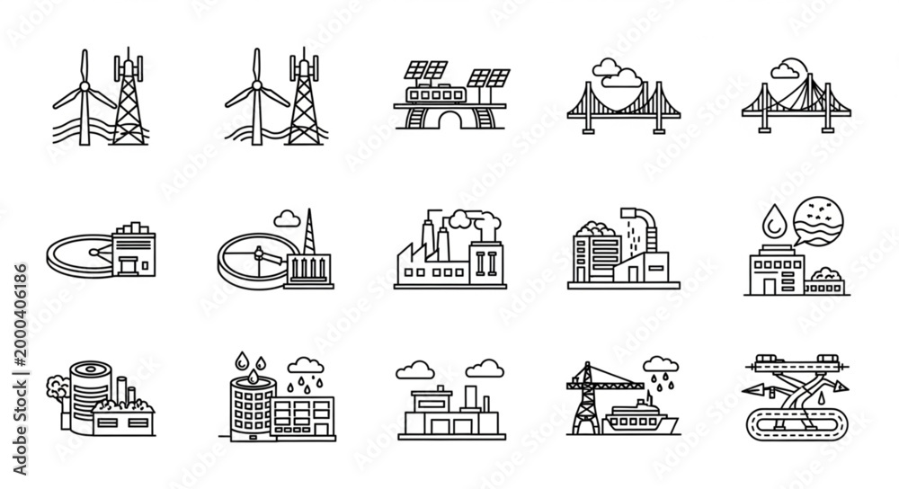 Fototapeta premium Collection of Industrial Buildings and Structures Icons.