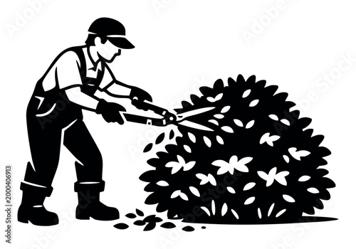 Landscaper using oversized shears to sculpt a shrub, while leaves cascade gently around