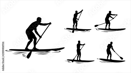 Silhouette illustrations of people paddleboarding on water