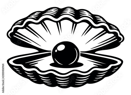 Half-open oyster shell showing a brilliant pearl inside, symbolizing oceanic treasure and luxury. Black and white illustration