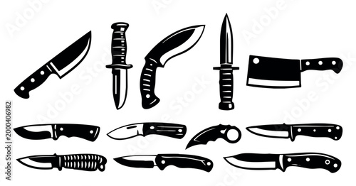 Collection of camping knife, cleaver, kukri, and survival knife icons in black silhouette for outdoor and combat designs