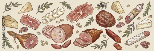 Charcuterie and cheese vector collection. Deli meat, sausages and cheese decorated with olive sprigs, rosemary and pistachios, isolated on warm beige background
