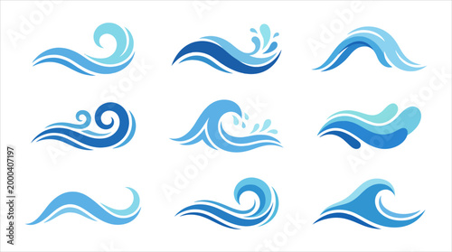 Abstract Blue Ocean Waves Collection - Dynamic Water Swirls and Splashes