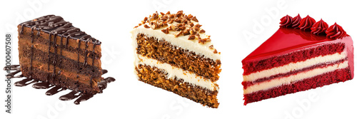 Quadro su tela Three delicious slices of cake: rich chocolate cake with syrup, classic carrot cake with nuts, and vibrant red velvet cake with glaze, isolated on a white background
