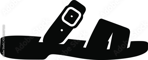 Black silhouette of a single sandal with an adjustable buckle strap, isolated on a white background, representing summer footwear, casual fashion, and comfortable outdoor walking accessories