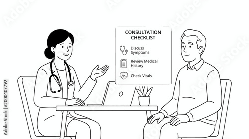 Female doctor consults with male patient in medical office.