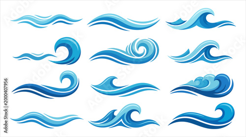 Set of stylized blue wave illustrations for various designs