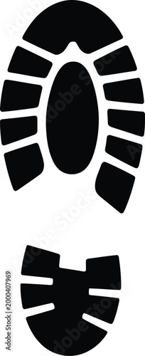 A black and white of a shoe sole footprint with a textured tread pattern, showing the heel and forefoot sections, isolated on a white background, representing walking or tracking