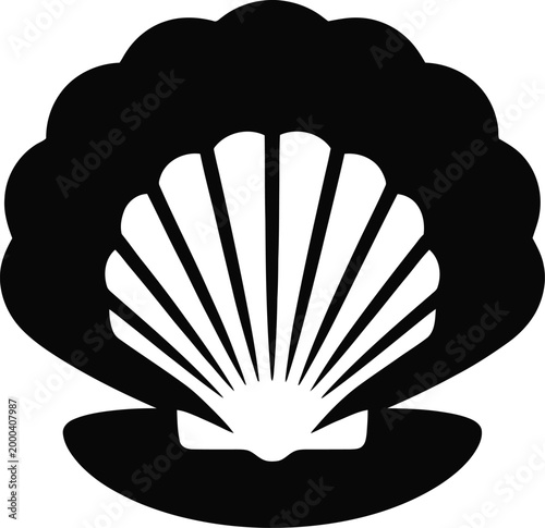 A black and white of a scallop shell with a fan-shaped ribbed surface and a rounded bottom edge, isolated on a white background, representing marine life or a coastal beach symbol