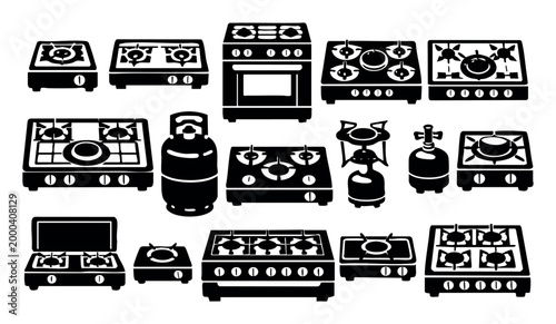 Collection of gas stoves, ovens, and propane tanks for home kitchens, outdoor camping, and industrial cooking equipment
