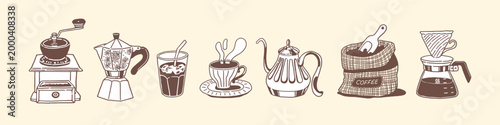 Hand-drawn Coffee Equipment and Accessories Set. Vintage Sketch Illustrations of Manual Grinder, Moka Pot, Iced Coffee, Hot Cup, Gooseneck Kettle, Coffee Beans Bag, and Pour Over Dripper