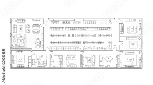 Floor plan of a large commercial space with retail and office areas