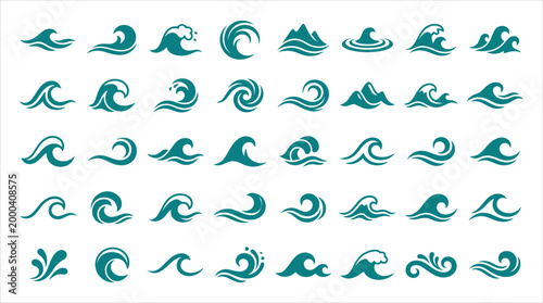collection of various wave and water symbols in teal blue on white background