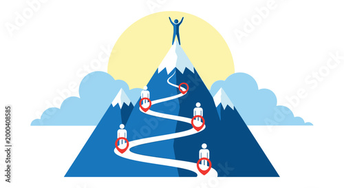 Successful business leader reaches the mountain peak in this minimalist vector illustration for corporate growth