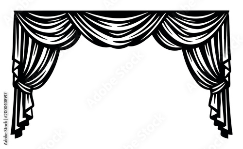 Decorative theater curtains in black and white, creating an elegant frame for announcements or graphic design