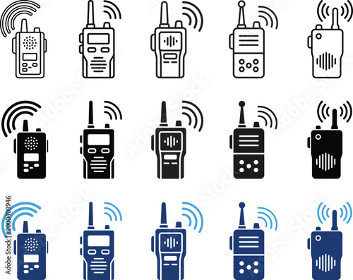 Walkie talkie icon. Portable radio communication symbol. Emergency, alert and safety sign. Wireless transmitter and receiver concept representing walkie-talkie, signal and guard.