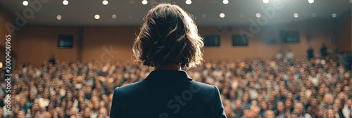 Woman speaking to a large audience in a theater