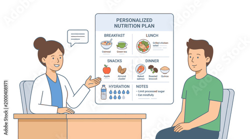 Nutritionist explaining personalized diet plan to male patient in clinic.