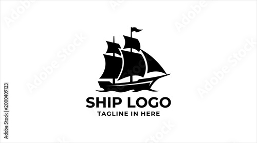 Black silhouette of a sailing ship with a flag on a white background