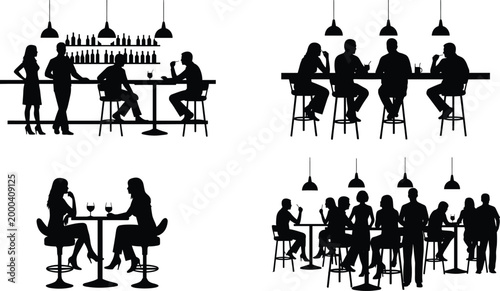 Bar and restaurant silhouettes set showing people socializing drinking and dining in nightlife scene with counter seating isolated on white background