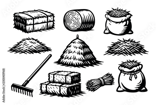Variety of hay and straw elements including baled hay, round bale, haystacks, loose piles, sacks, and rake for farm concepts