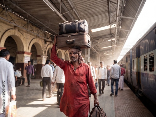 South Asian railway porter carrying heavy luggage on his head at a crowded train station platform
