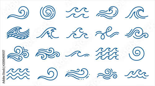 Collection of blue line art wave icons on a white background